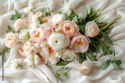 Delicate bouquet of peonies and ranunculus resting on soft white fabric