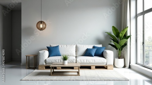 Serene Minimalist Living Room Design with a White Sofa, Wooden Coffee Table, and Lush Greenery