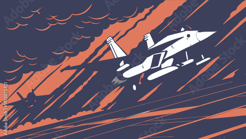 Fighter Jet in Dramatic Orange Cloud Sky with Companion