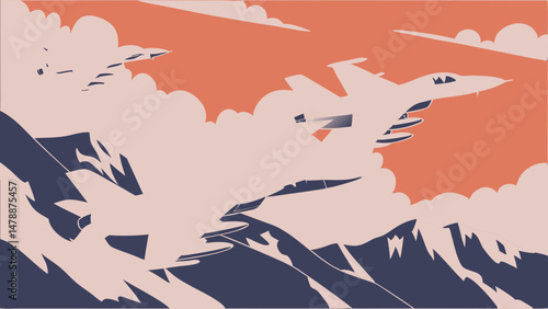 Fighter Jets Soaring Over Mountains in Orange Sky