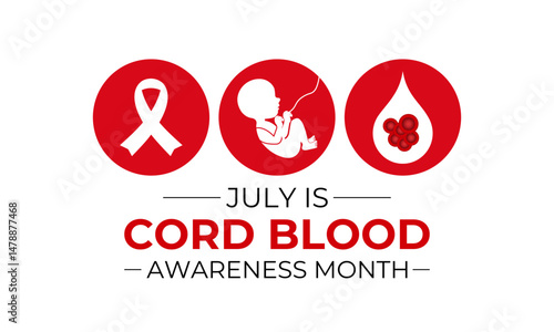 Cord Blood Awareness Month July. Health and Holiday medical concept banner. It is obtained after birth from the umbilical cord and placenta of the baby. Banner poster, flyer and background design.