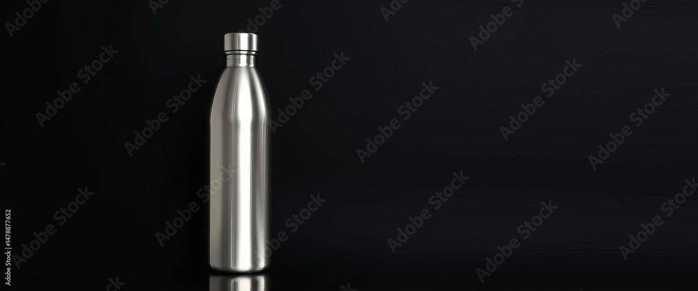 Fototapeta premium Sleek silver water bottle against a stark black backdrop, template, liquid