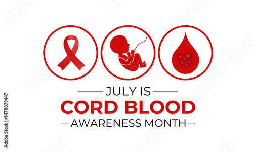 Cord Blood Awareness Month July. Health and Holiday medical concept banner. It is obtained after birth from the umbilical cord and placenta of the baby. Banner poster, flyer and background design.