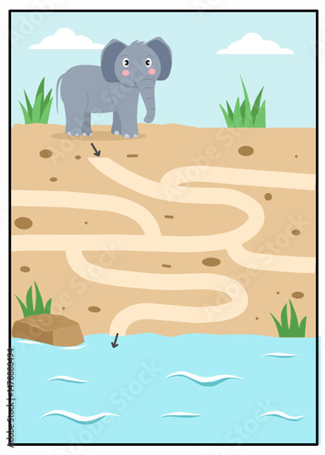 Help the elephant to find its way through the path, Maze worksheet animals, animals labyrinth activity for kids,maze printable for kindergarten