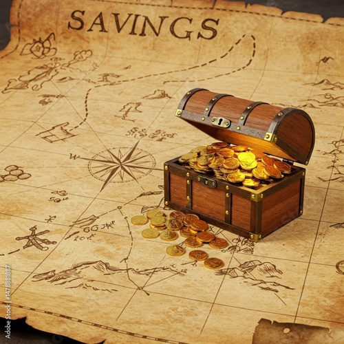 Open treasure chest with gold coins on vintage map labeled savings
