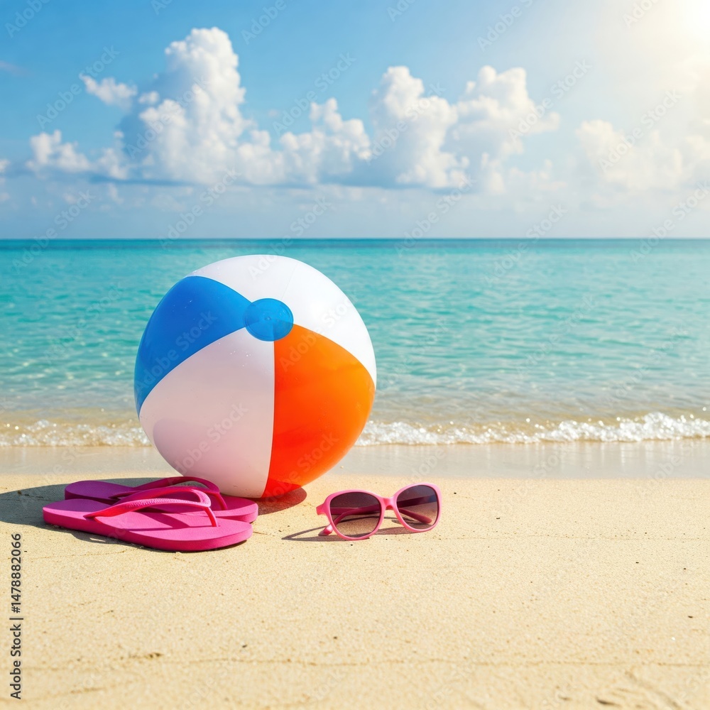 Obraz premium Colorful beach ball with pink flip flops and sunglasses on sand
