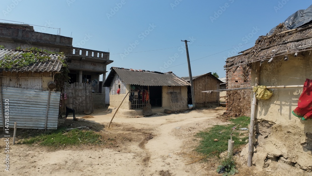Traditional Rural Village Scene with Mud Huts, Bihar, India Traditional Rural Village Scene with Mud Huts, Bihar, India