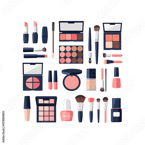 Cosmetic Makeup Products Vector Set with Brushes and Lipsticks