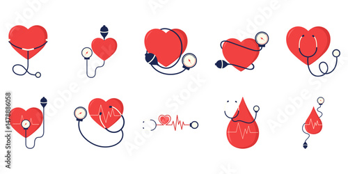 Set of hypertension illustration with heart, blood pressure, stethoscope, heart pulse for hypertension day, heart day. Vector isolated.
