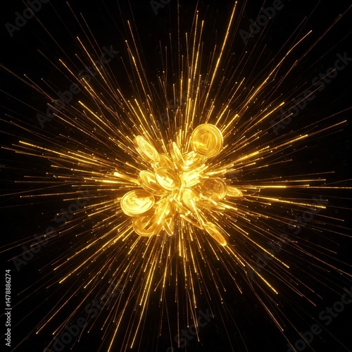 Golden digital coins exploding with radiant light rays on black background