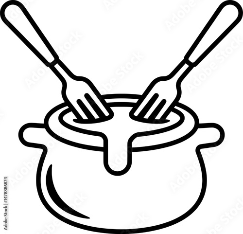 Minimal black outline cheese fondue pot with dipping forks, ideal for cooking illustrations, food infographics, and kitchen visuals