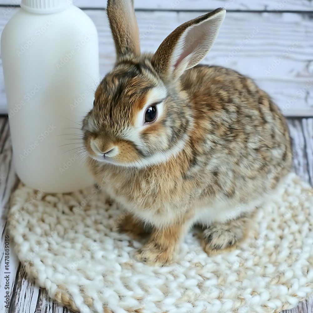 Obraz premium Adorable Bunny Sits with a bottle on a Woven Mat in a Soft, Rustic Scene