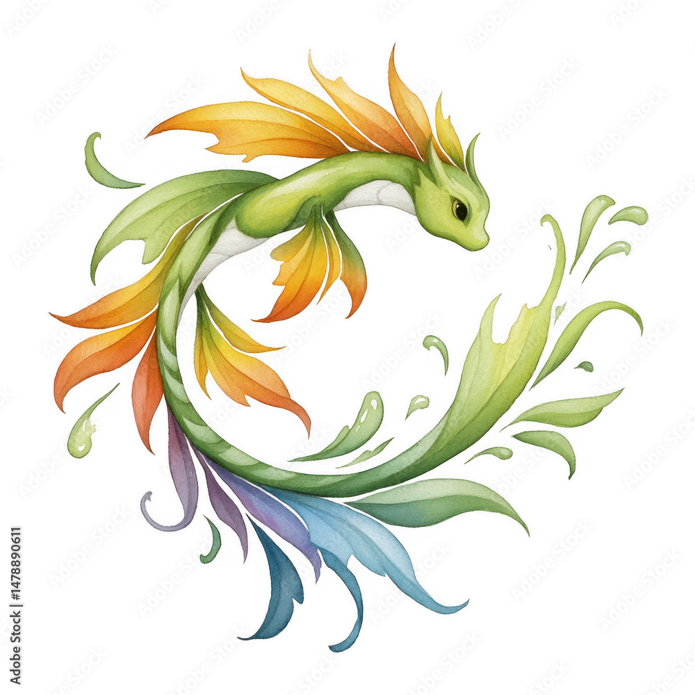 Fototapeta premium A whical green dragon with leafy fins swims through watercolor splashes.
