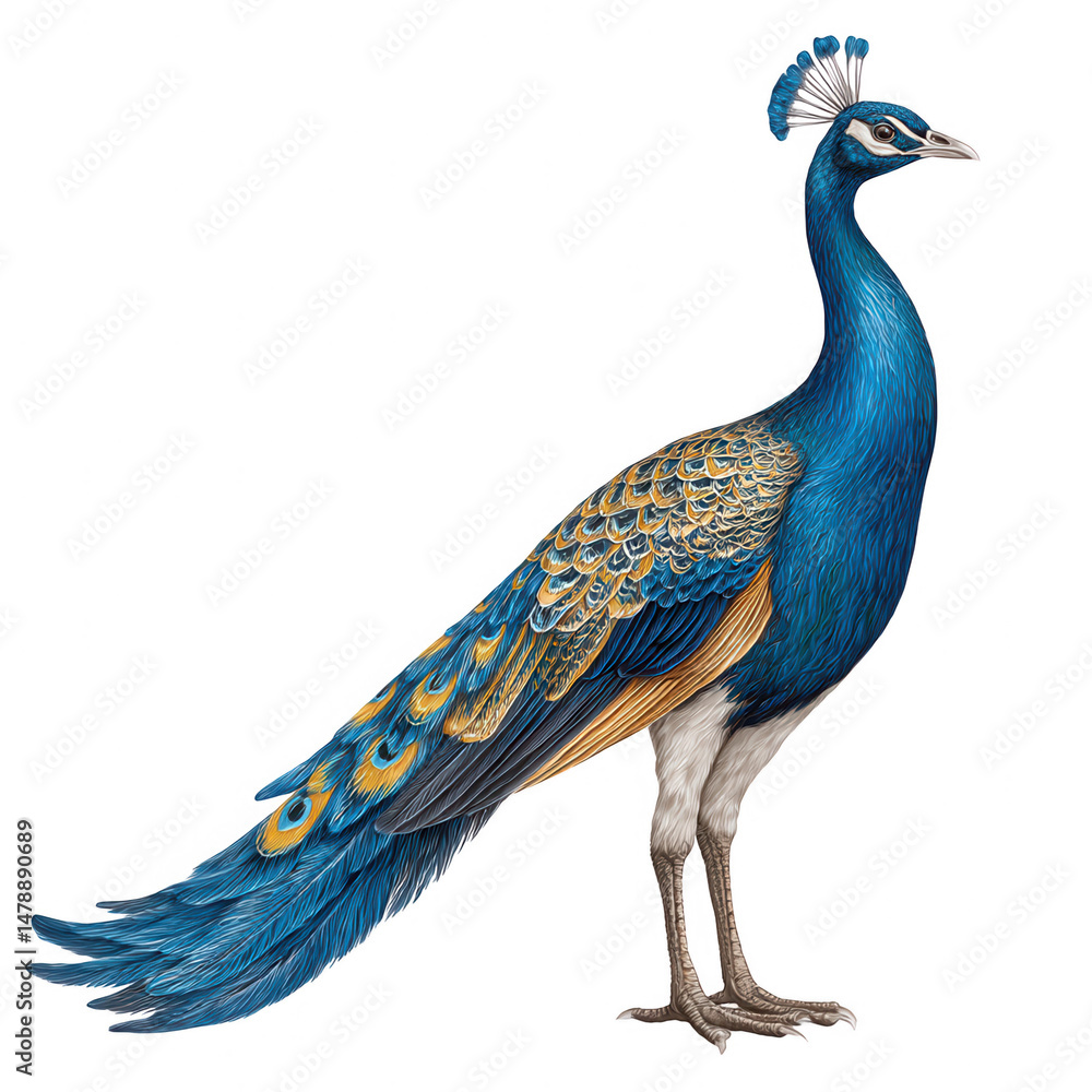 Obraz premium A vibrant peacock with blue plumage stands gracefully on a white background.