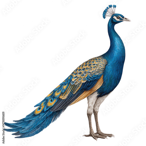 A vibrant peacock with blue plumage stands gracefully on a white background.
