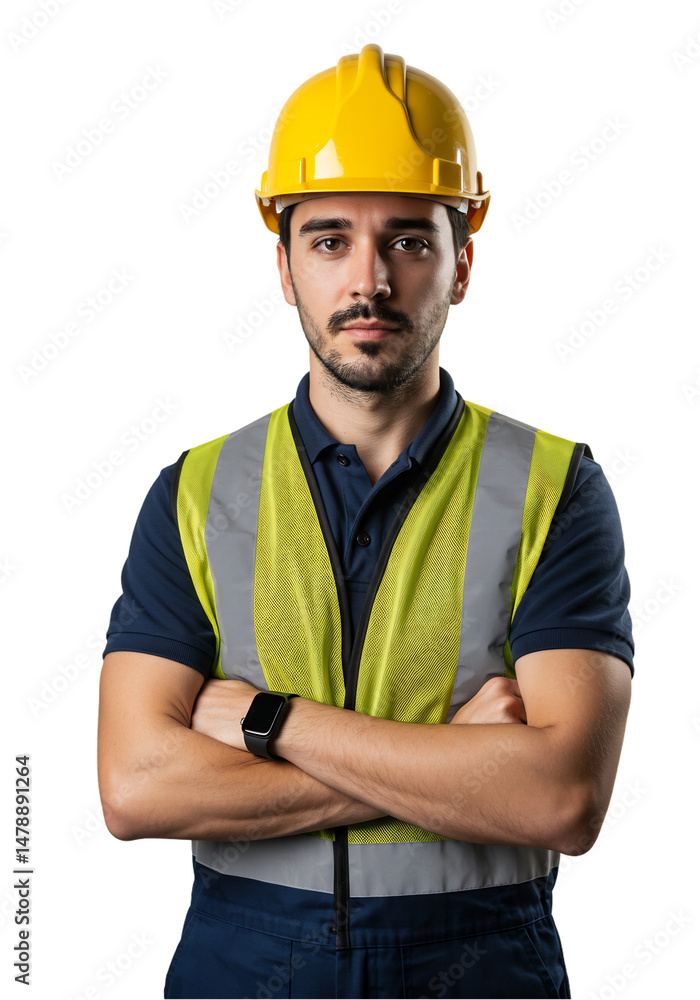 Headshot portrait of a confident construction worker wearing a helmet and safety vest, arms crossed. Professional and ready for the job. Transparent background Headshot portrait of a confident construction worker wearing a helmet and safety vest, arms crossed. Professional and ready for the job. Transparent background