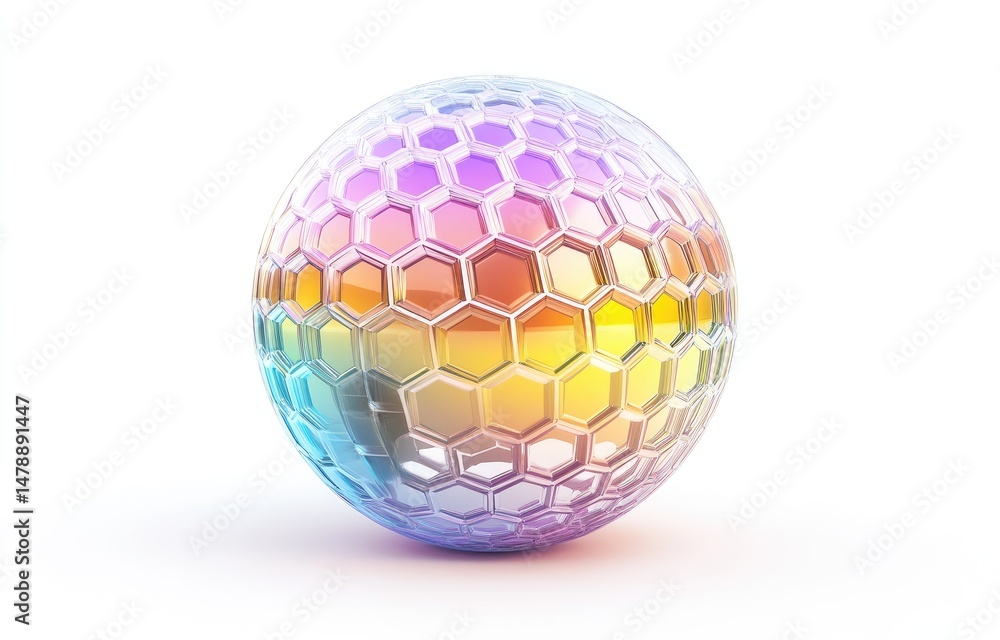 A vibrant, iridescent sphere composed of hexagonal facets, exhibiting a spectrum of pastel colors A vibrant, iridescent sphere composed of hexagonal facets, exhibiting a spectrum of pastel colors