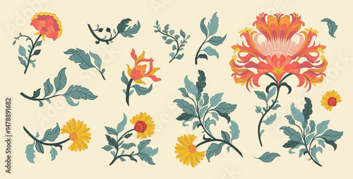 Vintage Mughal Floral Elements Set Traditional Indian Botanical Ornaments for Textile, Print, and Decor Design