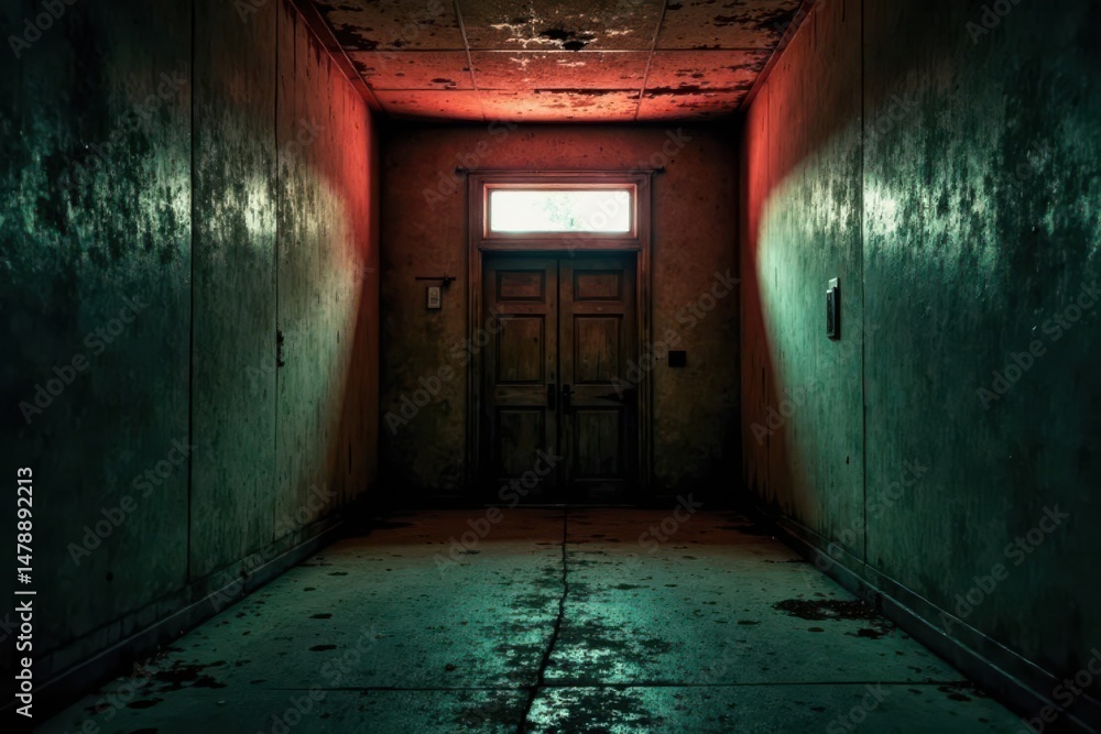 Obraz premium Mysterious Hallway with Aged Walls and a Closed Door Leading to an Unknown Destination