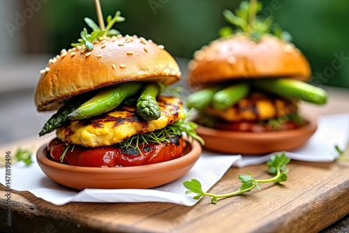 Two burgers on a wooden tray outside table