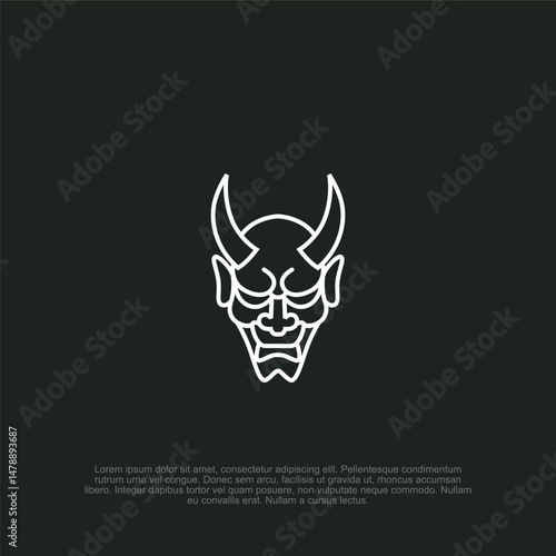 Minimalist Oni Mask Graphic: A stark white outline against a dark backdrop captures the essence of Japanese oni mask folklore in a uniquely stylized and contemporary design