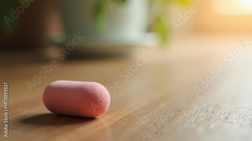 A solitary, pale pink, oblong object rests on a smooth, light brown wooden surface, bathed in soft, warm sunlight