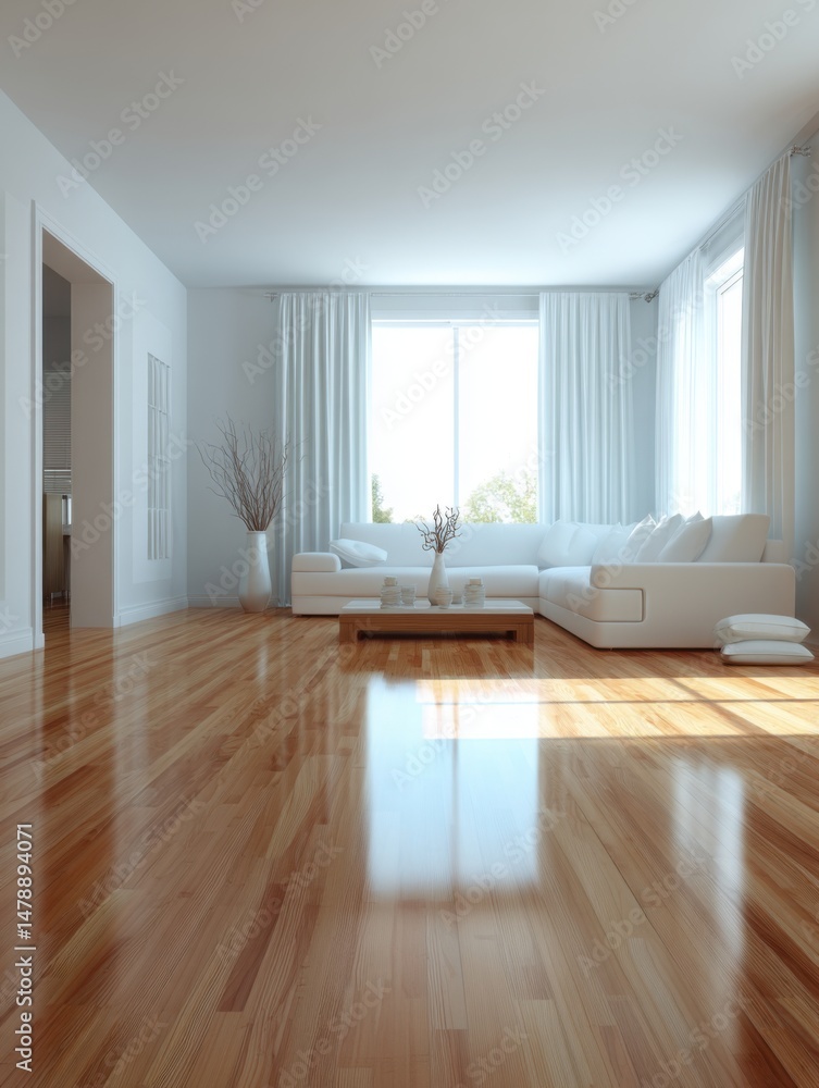 Obraz premium Bright living room interior design with white sofa and hardwood floors in modern home setting daytime view