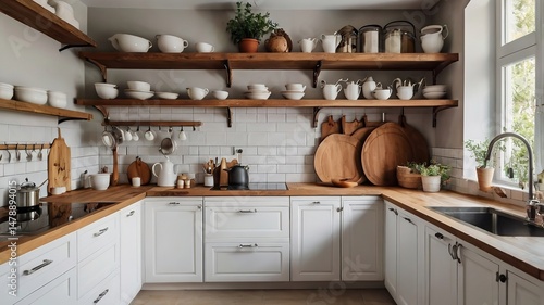 Wallpaper Mural white modern country style u-shape kitchen interior with open shelving with various white ceramic, glass jars , cookbook. Torontodigital.ca