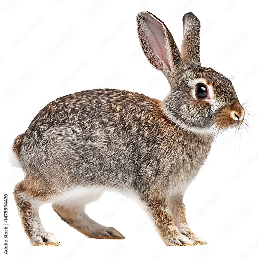 Obraz premium Detailed illustration of a vigilant wild rabbit standing on a white background