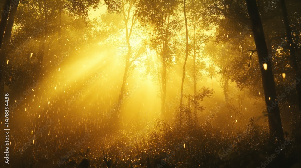 The golden light of the rising sun breaking through the rain illuminates the forest. background wallpaper AI generated image The golden light of the rising sun breaking through the rain illuminates the forest. background wallpaper AI generated image