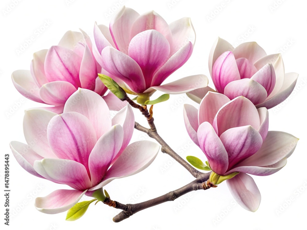 Obraz premium Five beautiful pink and white magnolia flowers blossoming on a slender branch