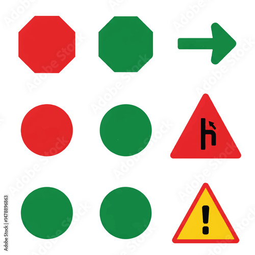 Set of traffic signs and lights in 3D glossy design with road symbols and icons