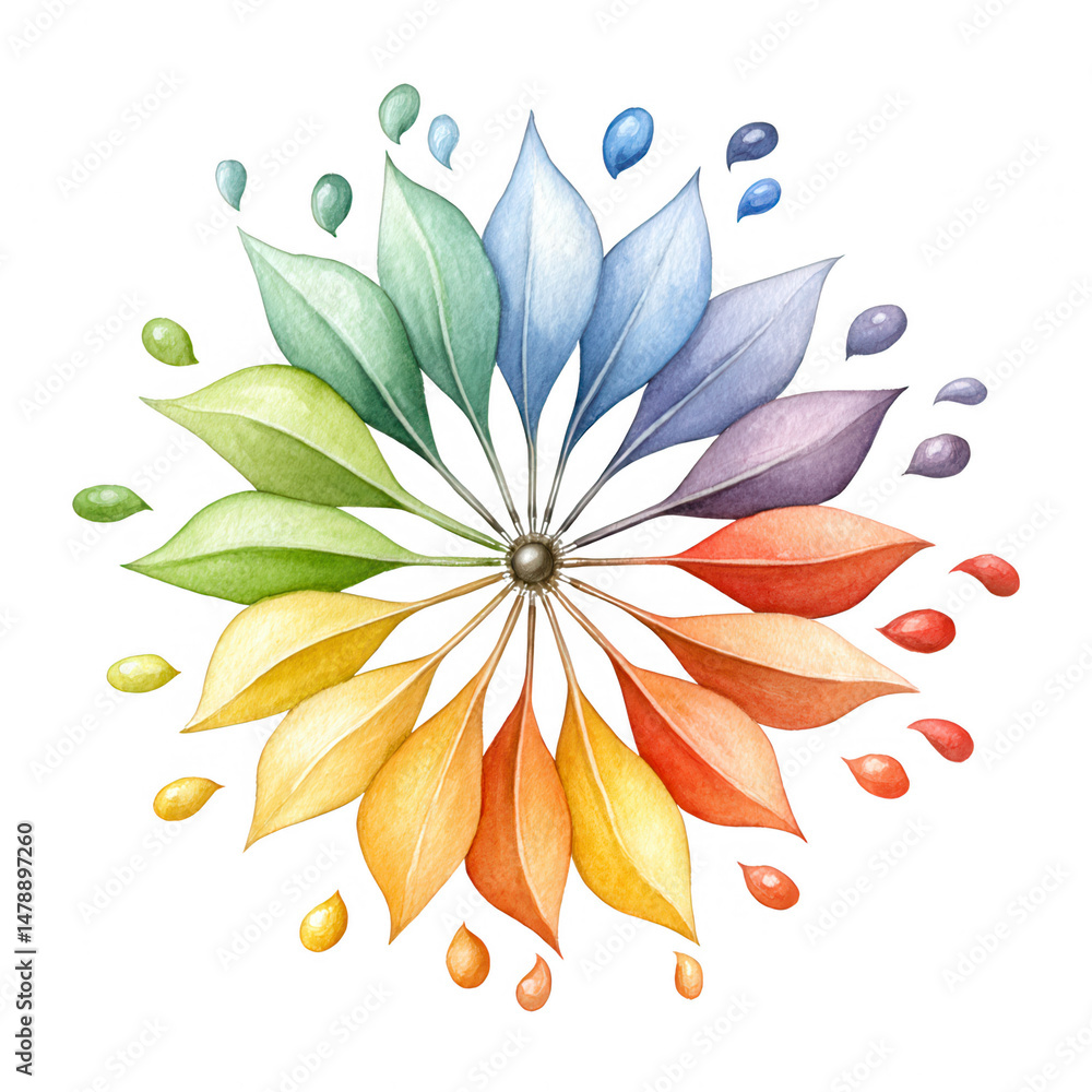 Fototapeta premium Artistic watercolor illustration of vibrant colorful leaves in radial design