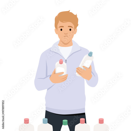 Man appears uncertain as he tries to choose between different cleaning product bottles at shopping. Flat vector illustration isolated on white background