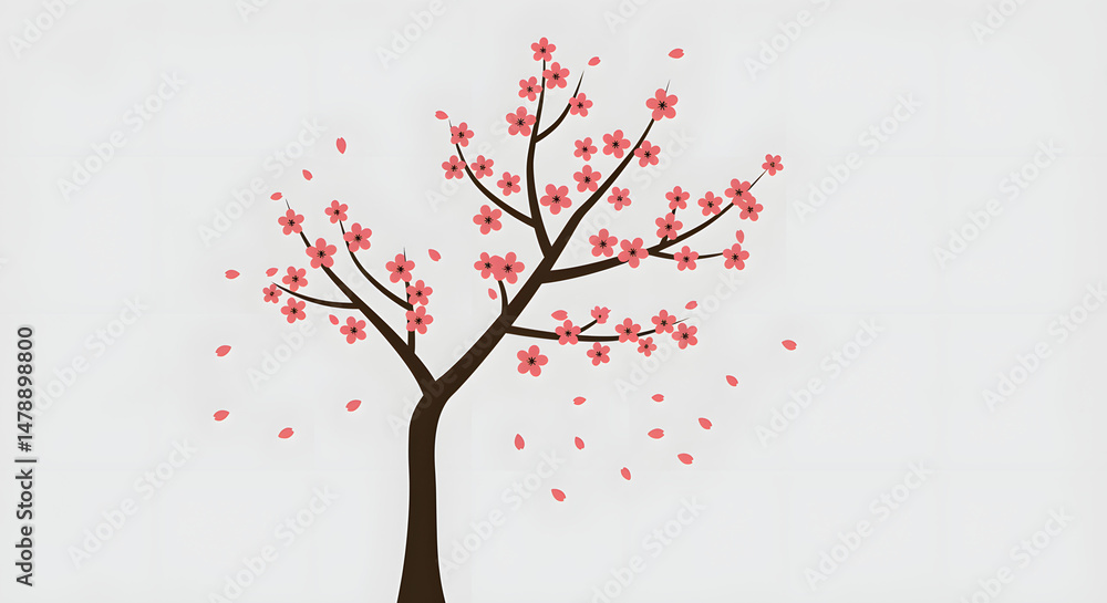 Fototapeta premium Cherry blossom tree with falling petals illustration