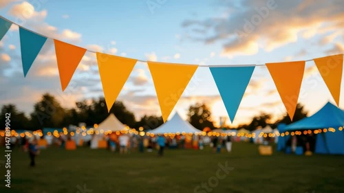 Colorful Flags and Lights Decorate a Festive Outdoor Gathering Scene