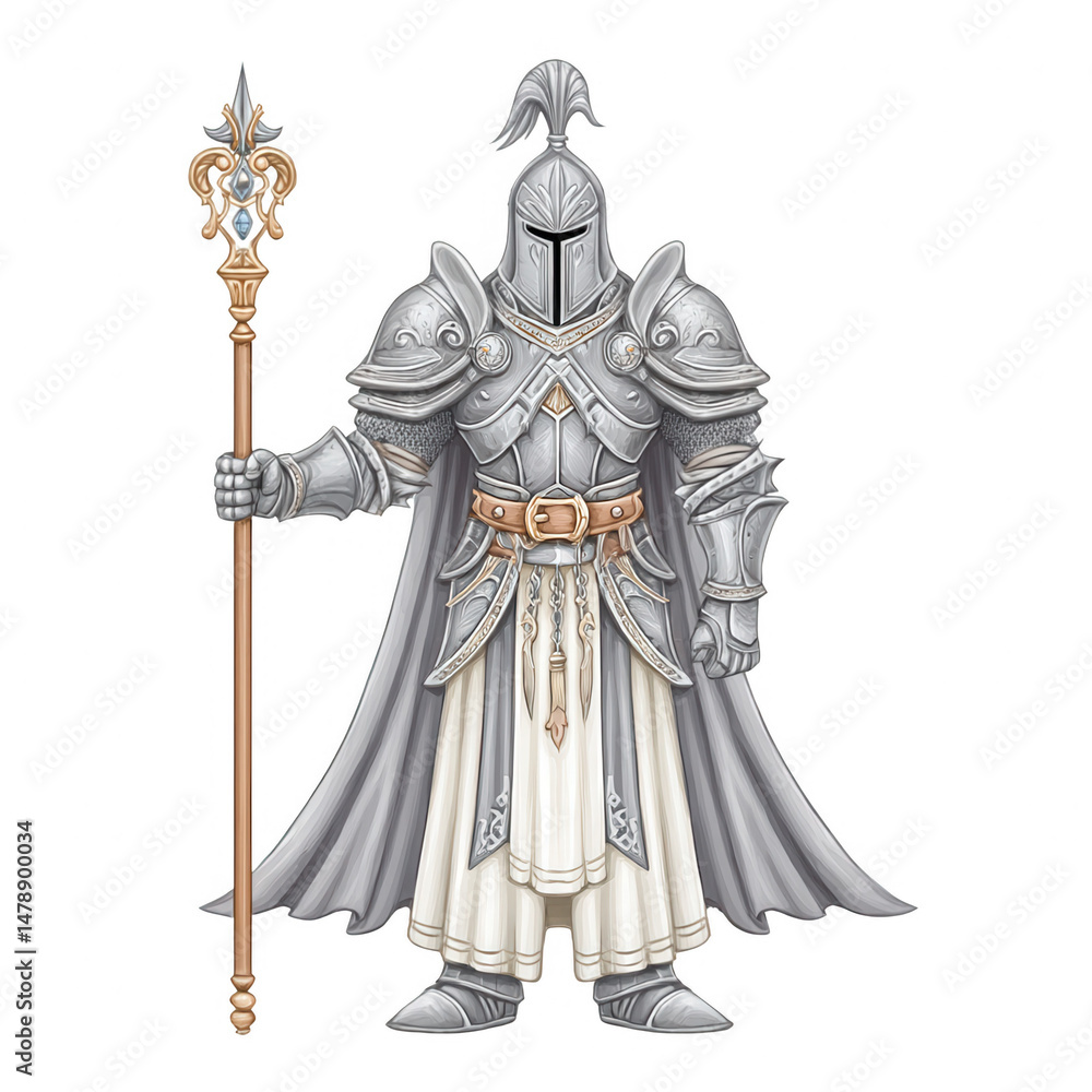 Obraz premium A brave knight stands tall in shining armor holding a golden staff upright.