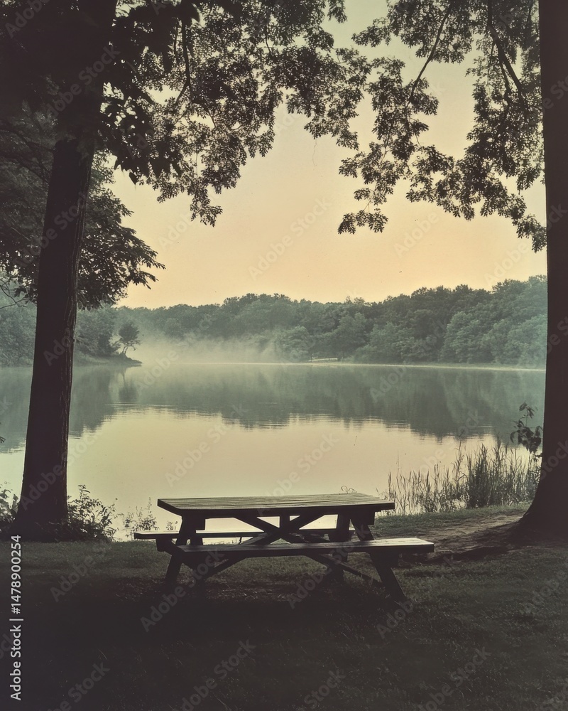 Obraz premium Tranquil lake scene with picnic table in foreground at dawn misty water reflection scenic
