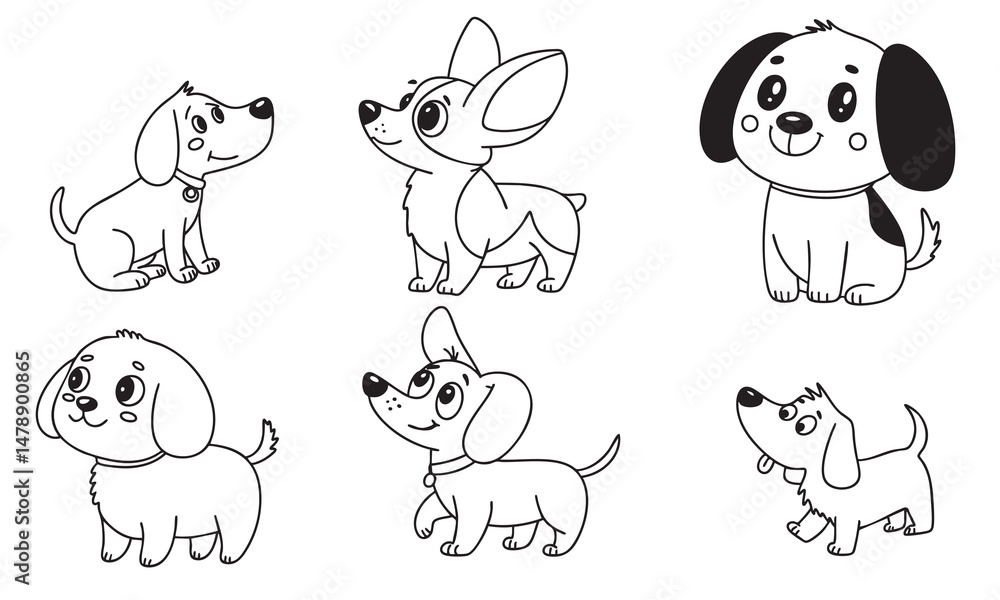 Fototapeta premium Collection of Little Different Dogs in Doodle Style
