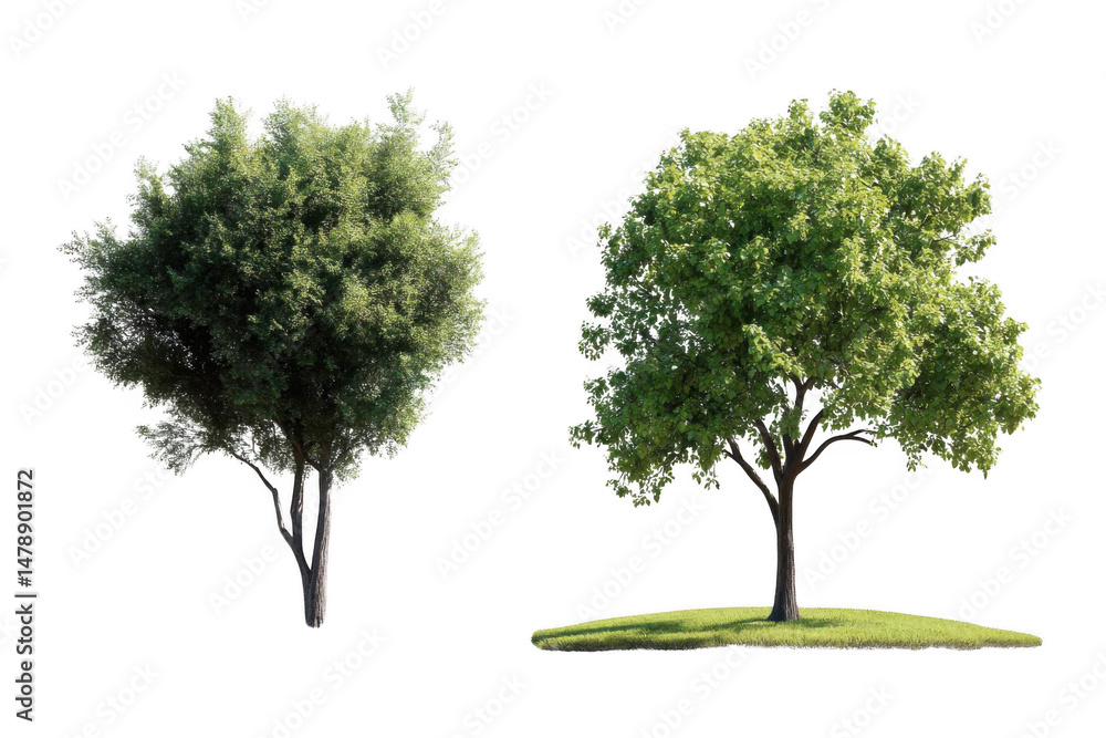 Two Green Trees Standing On Meadow, at Natural Forest Background Two Green Trees Standing On Meadow, at Natural Forest Background