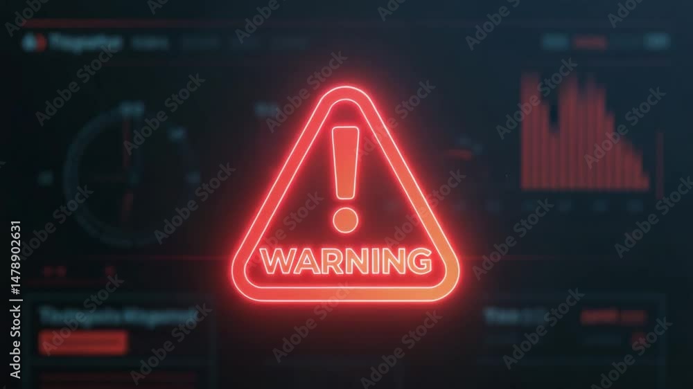 Red glowing warning triangle icon with exclamation mark and the word ...