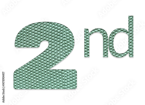 Green knitten‑texture “2nd” ordinal number isolated on transparent background, ideal for second‑anniversary invitations, milestone birthday designs, banners, marketing graphics and greeting cards