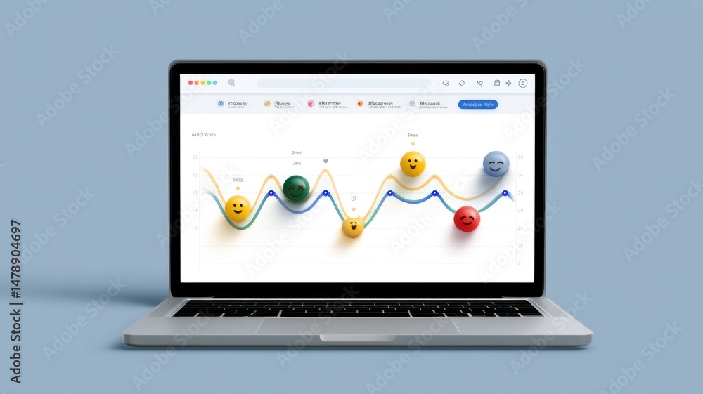 A laptop displays an analytical graph with colorful emoji faces representing different data points and emotions on a blue background. A laptop displays an analytical graph with colorful emoji faces representing different data points and emotions on a blue background.