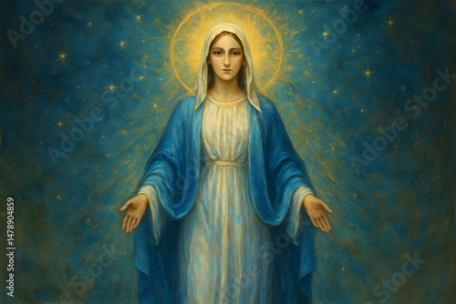 A digital artistic painting of Mother Mary depicted with serene grace