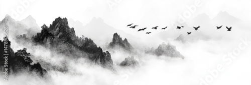 Misty mountain range with soaring birds in monochrome.