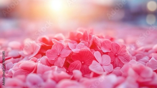 A carpet of pink flowers covers the ground, glowing softly as the sun sets in the botanical garden, creating a peaceful atmosphere