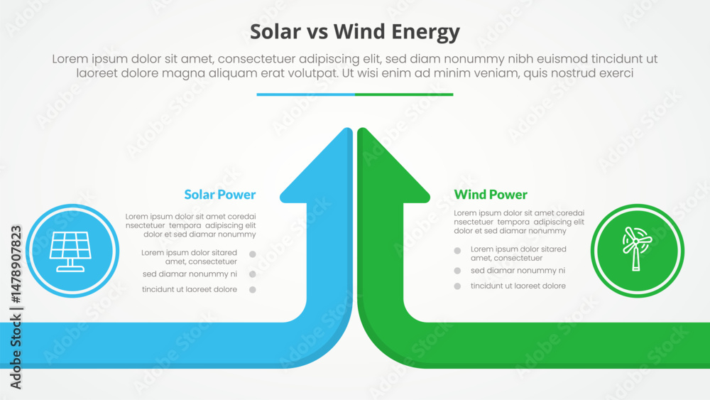 Fototapeta premium solar panel vs wind energy power comparison opposite infographic concept for slide presentation with big outline number and circle with flat style