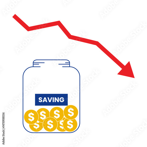 A jar labeled “savings” filled with coins and a red arrow pointing down symbolizes financial loss, reduced income, or dwindling savings in tough economic times.