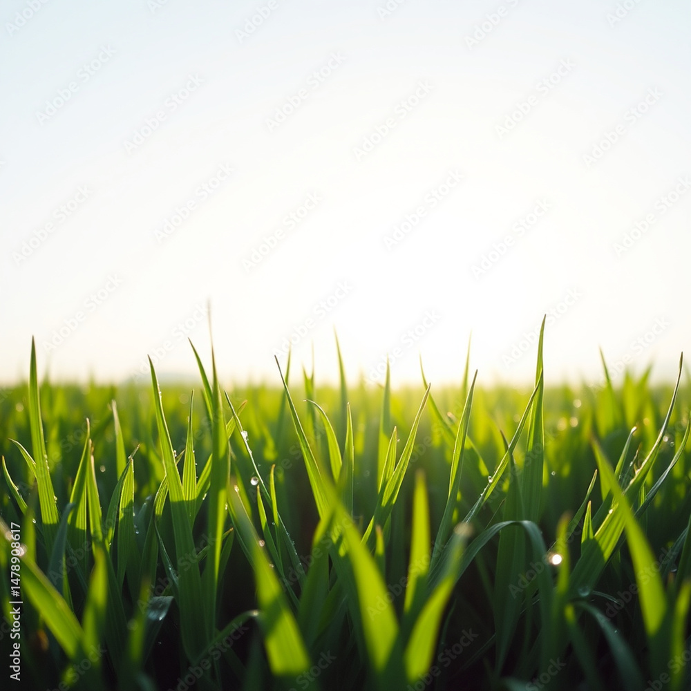 Fototapeta premium Fresh green grass under soft morning light and clear sky