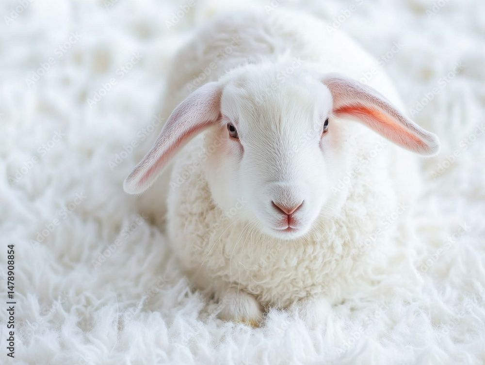 Fototapeta premium Close-up of a White Angora Rabbit Resting on a Fluffy White Blanket, Eye-Level View, Studio Shot, Soft Lighting, Calm and Peaceful